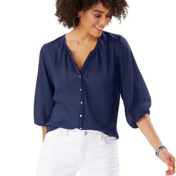 Tommy Bahama Tops - Tommy Bahama | MEDIUM LANA BAY GAUZE 3/4 SLEEVE - ISLAND NAVY M Lightweight
